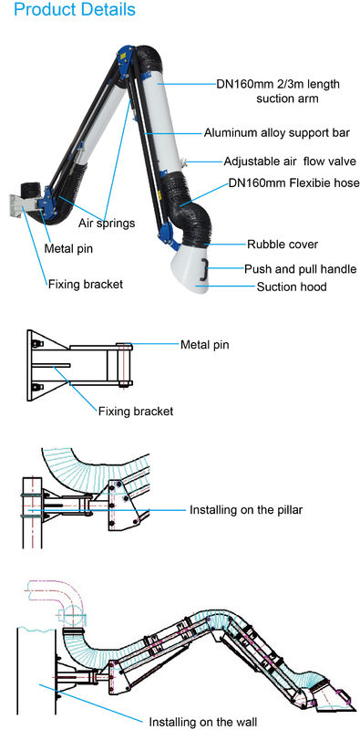 Flexible Welding Extraction Arm , Fume Exhaust Arm Different Size With Fixing Bracket